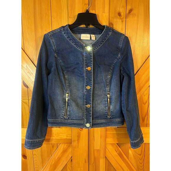 Chico's Womens Jean Jacket Dark Wash Collarless Button Up Size 0=4 (5312) - Picture 1 of 6